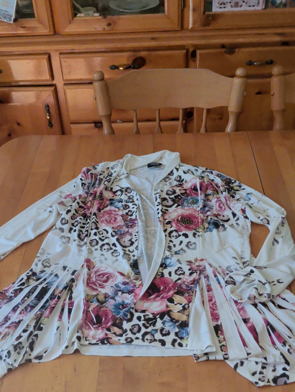 Floral Leopard Print Fringe Open Cardigan - White/Pink